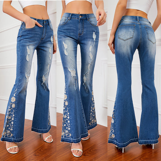 European And American Heavy Industry 3D Embroidery Women's Jeans